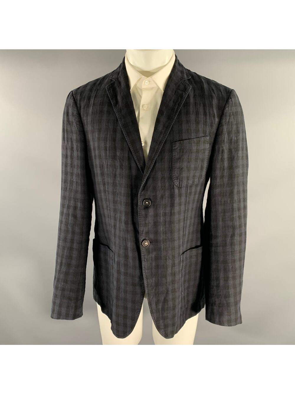 MASSIMO ALBA Chest Size 42 Navy Black Checkered Linen Notch Lapel Sport Coat